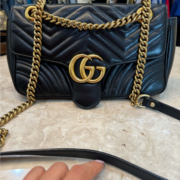Gucci Handbags - GUCCI Calfskin Matelasse Small GG Marmont Shoulder Bag Black
